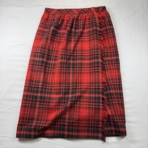 VTG Personal Red Tartan Plaid Skirt Size 10 Wool Blend Wrap‎ Style W/ Fringe